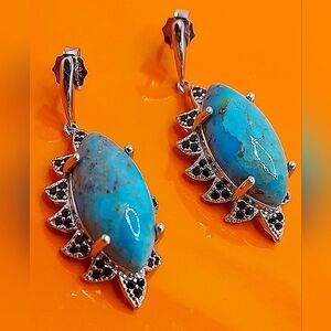 Natural Turquoise 12x10mm & Black Spinel  925‎ Sterling Silver Earrings